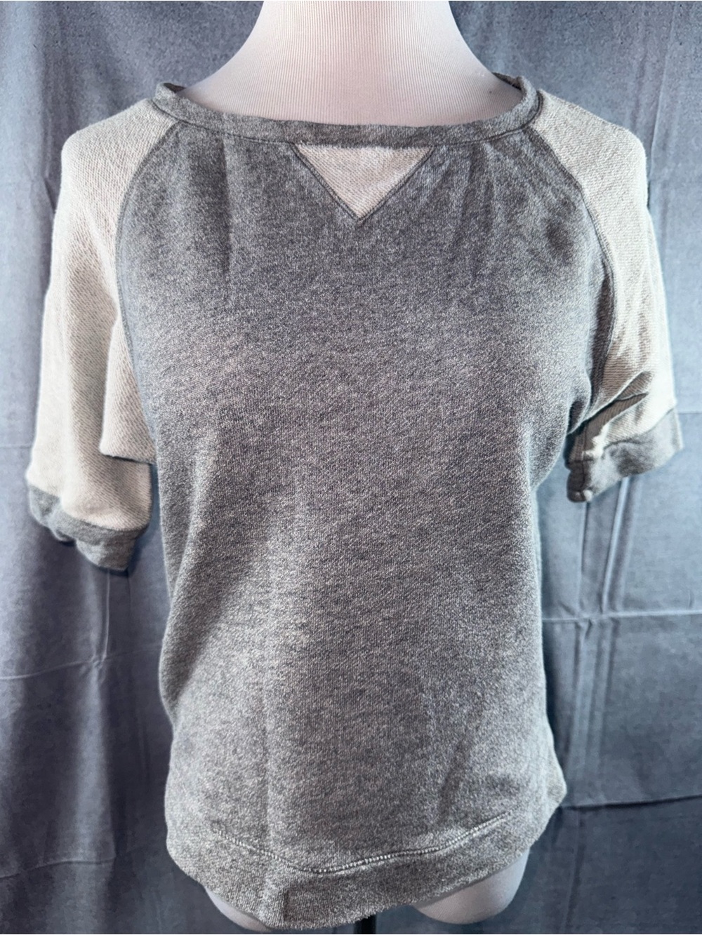 3179-Calvin Klein Gray Short-Sleeve Raglan Tee with Cream Sleeves